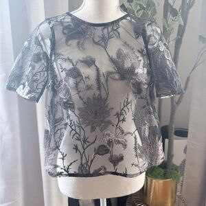 Disturbia Sheer Black Floral Embroidered Short-Sleeve Top US2